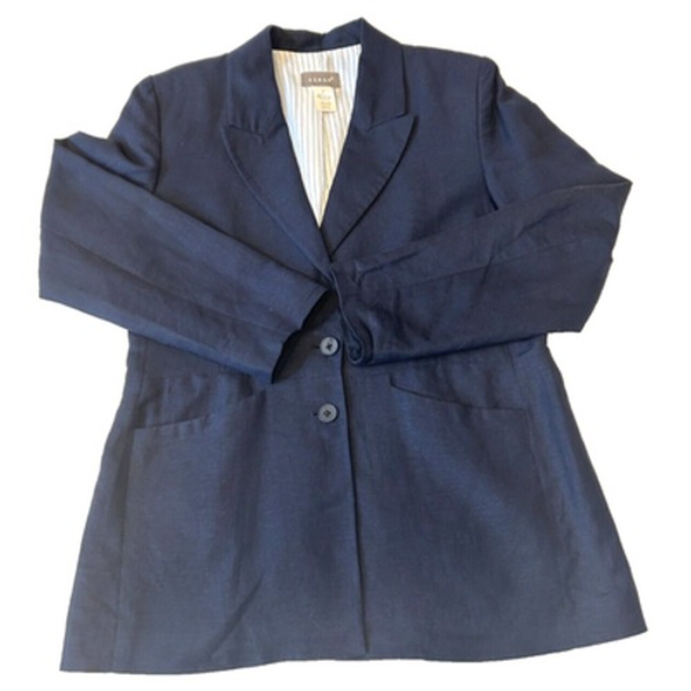 Kenar Women's Linen Blend Blazer Jacket Size 8 Blue Lined Padded Pockets Career
